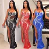 Vestidos Casuais Vestido Maxi com Cristal Strass Bodycon Slit Mesh Patchwork Sexy Sem Costas Elegante Noite Baile Clube Noite Preto Longo Festa