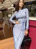 Basic Casual Dresses Stripe Women's Dress Sexy Bodycon Hip Package Midi Dresses Female Spring White O-neck Long Sleeve Party Club Lady Vestidos 230608