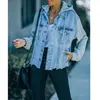 Vestes pour femmes Veste en jean à capuche avec cordon de serrage pour femme Vintage Trucker W / Long Fleece Sleeve Patchwork Loose