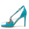 Sandaler Crystal Cross Strap Heeled Women Blue Square Toe Suede Elegant 2023 Ladies Party Casual in Cover Heel Shoes