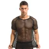 T-shirts masculinas T-shirts Roupas masculinas sensuais Moda Transparente Mesh Net Tops Preto Manga curta Fitness Roupas de ginástica Camisa fina 230608