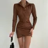 Casual Dresses V Neck Buttons Slim Sexy Pending Pu Leather Mini 2023 Spring Long Sleeve Office Chic a Line Brun Black Kort klänning