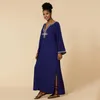 Women's Swimwear Embroidered Navy Blue Plus Size Kaftan Beach Dress For Women V Neck Long Sleeve Casual Resort Wear African Robe Cover Up