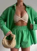 Frauen Zweiteilige Hosen Frauen Trainingsanzug Hemd Shorts Set Grün Langarm Top Anzug Sommer Casual Weibliche Einreiher Outfits 230608