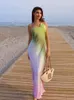 Basic Casual Dresses Summer Fashion Tie Dyed Dress For Women Satin Diagonal Collar Backless Off Shoulder Dresses Sexy Evening Party Long Vestido 230608