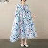 Party Dresses Summer Leaf Print Vintage Cotton Linen Short Sleeve Dress Women Loose Casual Beach Robe Ladies Oversized Clothing