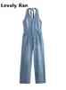 Womens Jumpsuits Rompers Fashion Sleeveless Denim Jumpsuit Women Summer Y2K Halter Backless Long Female Sexy Vneck Blue Straight Overalls 230609