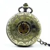 Taschenuhren 5 teil/los Luxus Retro Bronze Römische Ziffern Manuelle Mechanische Uhr Für Männer Frauen Carving Mit Fob Kette PJX1201