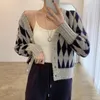 Pulls pour femmes Cardigan tricoté Veste coréenne Tempérament sauvage Col en V Losange Hit Couleur Simple boutonnage Lâche Manches longues