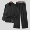 Men's Tracksuits 2023 Fashion Men Sets Solid Color Streetwear Satin Loose Lapel Long Sleeve Lace Up Shirt & Pants 2PCS Men's Casual