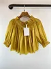 Women's Blouses Yellow One-line Shoulder Coat Silk Fabric Fringe Hem Cuff Neckline Elastic Design