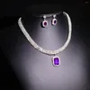 Necklace Earrings Set Women Jewelry Purple Pendant Water Drop Rhinestone Full Crystal Silver Plated Bridal Neck Ears Ornaments