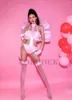 Stage Wear Bar Nightclub Costume Pink Bow Backplane Bodysuit Outfits Women DJ Dancer Groups Sexy Festival Rave Performance
