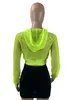 Women's Swimwear Summer Sexy Fishnet Hooded Crop Top Women Long Sleeve Pullover Beach Cover Hollow Out See Through Fluorescent Green Y2k Tops 230608