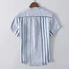 メンズカジュアルシャツ2023夏のメンズウェアストライプシャツリネン通気性のある色マッチショートスリーブ