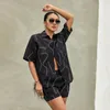 Women's Tracksuits Women's Summer 2 Pieces Shirts Shorts Sets Casual Women Abstract Line Print Beach Street Outfit Short Sleeve Lapel