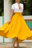 Skirts Women's Solid Color High Waist A Line Skirt Fashion Slim Waist Bow Belt Pleated Long Maxi Skirts Red Orange Yellow 230609