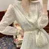 Casual Kleider Frühling Frauen Elegante Prom Voile Süße Stickerei Mesh Perspektive Swing Spitze Party Langes Kleid Sommer Vestido Feminino