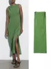 Casual Dresses Sleeveless Midi For Women Hem Split Beach Dress Female Green Linen Folds Straight Woman Wide Collar