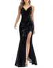 Long Sweety Formal Evening Dresses Mermaid Side Split Spaghetti Sequined Deep V-Neck Plus Size Prom Party Gowns 13