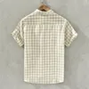 Mens Casual Shirts Linen Stylish Short Sleeved Quality Plaid Shirt Men Brand Trend Breathable Plus Size Top Clothes Chemise Homme De Luxe