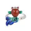 Cluster Rings Rd Goldfish Ring Vintage Cloisonne Inlaid med Southern Red Opening Emamel Color National Fashion Girl