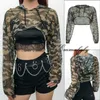 Women's T-Shirt Long Sleeve Tshirt Mesh Top Hooded Hollow Out Sexy Punk Rock Short Crop Top White T-shirt Fishnet Black Women Clothing Tops Tees 230608