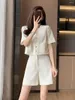 Work Dresses Summer V Neck Short Coat Casual Shorts 2 Piece Sets Women Outfit Office Lady White Pant Tweed