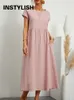 Grundlegende Freizeitkleider, Vintage-Midikleid, lässig, kurzärmelig, Baumwolle und Leinen, Harajuku, übergroßes langes Kleid, Damen, Sommer, Y2K, Maxi-Sommerkleid 230608