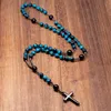 Pendant Necklaces Natural Light Blue Tiger Eye Onyx Catholic Christ Rosary Necklaces Bead Long for Men Hematite Cross Pendant Necklace Meditation 230608