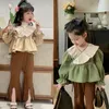 Clothing Sets girls autumn Spring suit doll shirts wrinkled collar laceup Blouse split flared pants twopiece sets 230608