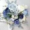Wedding Flowers Artifical Beautiful Penoy Bride Bouquet With Sash Home Decoration Silk Blue Accessories