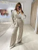 Kvinnor Tvåbitar byxor Clablive Causal Loose Home Suit Autumn Fashion Khaki Satin Wide Set Elegant Long Sleeve Laceup Robes 230608