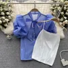 Blusas de mujer dulce perspectiva de organza camisa de manga corta de burbuja moda de mujer verano francés arco gasa Tops blusa ropa K336