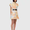 夏のフランスのレトロ幾何学的な花柄のプリント半袖女性ファッション甘いエレガントな気質チュニックショートシャツドレス付きベルト