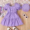 Girl Dresses Toddler Kids Baby Girls Summer Casual Dress Purple Short Sleeve A-line Jacquard With Hat 4-7T