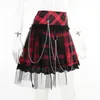 Jupes femmes Harajuku Sexy court rouge Plaid Mini gothique Alt vêtements détachable chaîne maille dentelle plissée jupe foncé académique WGS023