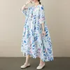 Party Dresses Summer Leaf Print Vintage Cotton Linen Short Sleeve Dress Women Loose Casual Beach Robe Ladies Oversized Clothing