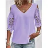 Camicette da donna Camicetta patchwork in pizzo da donna Summer Bohemian Stylish Casual Work Blusa Femme T-shirt con lacci da vacanza con maniche a 3/4 Top