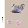 Beanie/Skull Caps Handmade Y2k Japanese Cat Ear Beanies Rabbit Hair Pom-pom Striped Sweetheart Girl Knit Cap Autumn and Winter Warm Women's Hats 230608