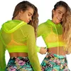 Women's Swimwear Summer Sexy Fishnet Hooded Crop Top Women Long Sleeve Pullover Beach Cover Hollow Out See Through Fluorescent Green Y2k Tops 230608