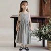 Mädchen Kleider Leinen Gestreift Pinafore Kleid Für Mädchen Sommer Casual Ärmellose Taille Kordelzug Hosenträger TZ226