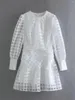 Robes Décontractées Foridol O Cou À Manches Longues Printemps Eté Robe En Organza Blanc Femmes Plis Retour Zipper Plaid Élégant Plage Mode Court