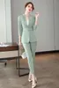 Kvinnors tvåbitar byxor Spring Fall Women Business Suits Pant and Jacket Set Tops Green Blazer Ladies Work Uniform Pantsuits