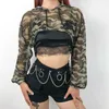 Women's T-Shirt Long Sleeve Tshirt Mesh Top Hooded Hollow Out Sexy Punk Rock Short Crop Top White T-shirt Fishnet Black Women Clothing Tops Tees 230608