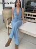 Womens Jumpsuits Rompers Fashion Sleeveless Denim Jumpsuit Women Summer Y2K Halter Backless Long Female Sexy Vneck Blue Straight Overalls 230609