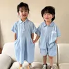 Clothing Sets Summer Brother Sister Outfits Boy Children Solid Short Sleeves Shirts Shorts 2pcs Girl Baby Cotton Casual Denim Princess Dress 230608