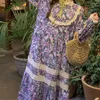 Casual Jurken Koreaanse Retro Paarse Bloemen Voor Vrouwen Losse Zoete Lolita Jurk Lente Zomer O-hals Lange Mouwen Vestidos Drop