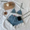 Pantalon deux pièces pour femmes Summer Sweet Lolita Style Denim Shorts Sets Girls Sexy Lace Bandage Camisole Crop Tops Ruffles Jeans Short Women 2PC Set 230609