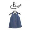 Vestidos para meninas, crianças, meninas, vestido de brim, bebê, roupas de verão, sem mangas, colete legal, lapela, recorte, vestido evasê, crianças, casual, todos os jogos, vestidos 230608